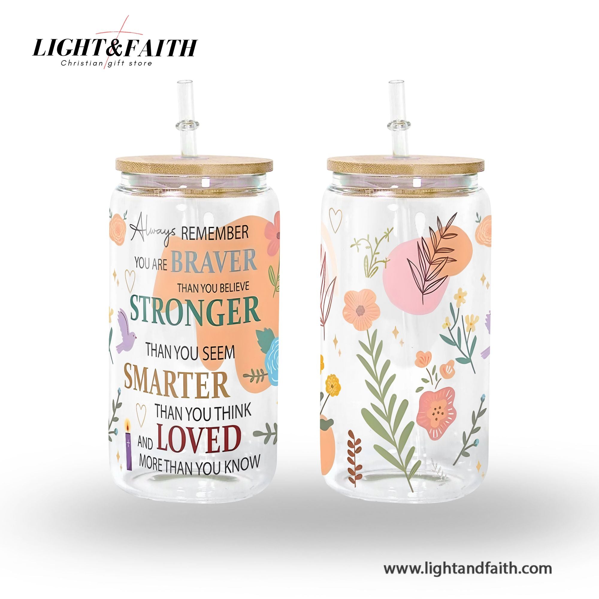 Inspirational Glass Can with Bamboo Lid and Straw, Braver Stronger Smarter Loved Quote Cup, Motivational Iced Coffee Tumbler Gift GCLAF43